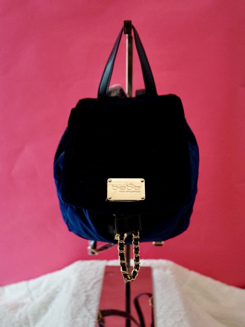 ⁠NWT Bebe Los Angeles Navy Blue Velour Mini Backpack Gold Chain Detail Purse